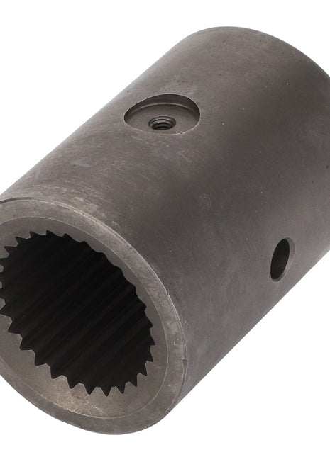 A cylindrical metal coupling from AGCO, specifically the SLEEVE - D46149400 model, featuring precisely machined internal teeth and two strategically positioned holes on the outer surface.