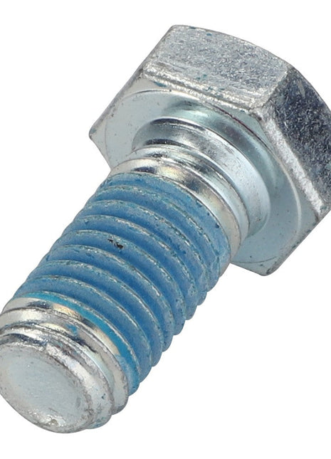 A close-up view of an AGCO Hexagonal Head Bolt, model 0901-30-87-00, featuring a metallic finish and a partially threaded blue-coated shaft, yet no current product description information is available.