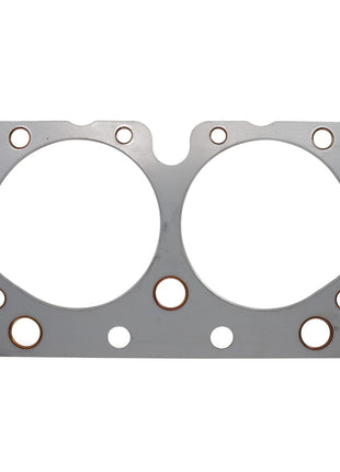Discover the AGCO | GASKET - 10V22209, a rectangular metal gasket featuring two large circular openings and several smaller holes surrounding them, meticulously detailed in the product description provided by our support team.