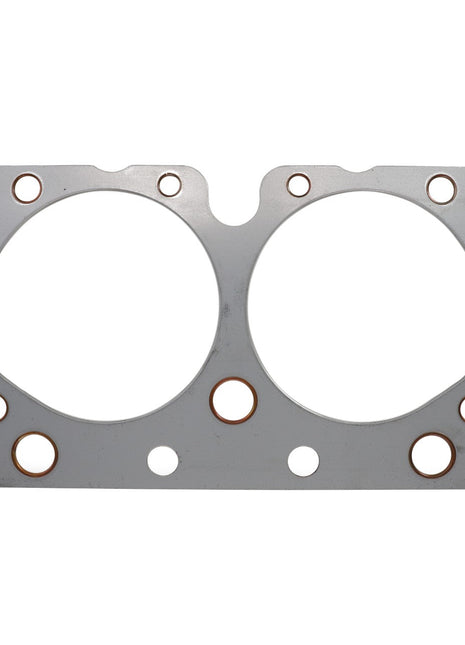 Discover the AGCO | GASKET - 10V22209, a rectangular metal gasket featuring two large circular openings and several smaller holes surrounding them, meticulously detailed in the product description provided by our support team.