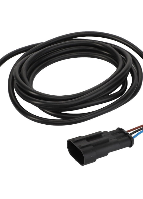 A robust cable from AGCO, known as the SWITCH - ACY1581330, is highlighted by its black exterior, a sensor with a blue tip, and an end connector. The cable also integrates three colored wires: brown, blue, and black.