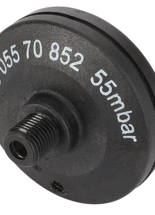 Close-up of a black circular pressure sensor with the markings "39 055 70 852" and "55 mbar" printed on its surface. This AGCO Air Restriction Switch - Acw1191330 features a threaded nozzle for attachment, though additional product description information is currently unavailable.