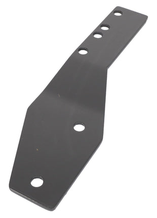 The AGCO | BRACKET - AL10416047 is a black metal plate featuring a tapered end and multiple circular holes for mounting.