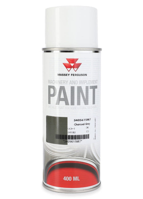 A 400 ml spray can of AGCO Massey Ferguson Charcoal Grey (3405615M7), ideal for metal surfaces and touch-up aerosol paint jobs on agricultural machinery.