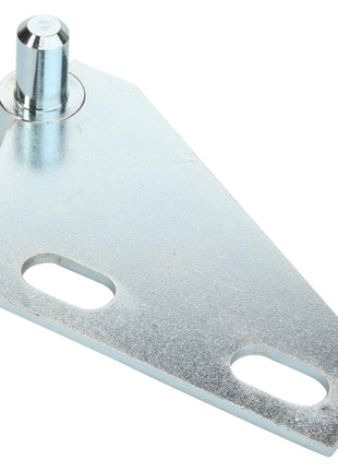 Introducing the AGCO | HINGE - D28181348 by AGCO: a high-quality triangular metal bracket featuring a cylindrical peg attached at one corner and two elongated holes on its surface for versatile mounting options.