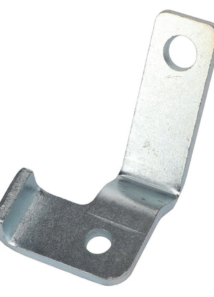 The AGCO SUPPORT - AL5033765 is a metallic L-shaped bracket with two precisely positioned holes at each end, perfect for mounting or securing various objects.