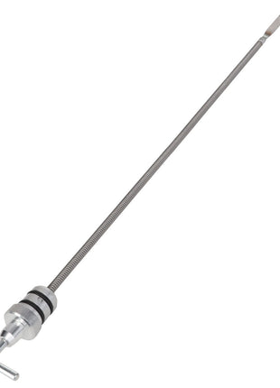 The AGCO Breather Plug - Acp0445990 by AGCO is a distinctive long metal rod with a coiled spring design, featuring a handle on one end and a flat, rectangular tip on the other. No current product description matches its unique structure.