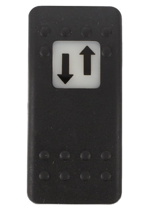 The AGCO SWITCH - D45050065 is a rectangular black button featuring up and down arrows. It includes raised bumps above and below the arrows, offering tactile feedback for easy use.