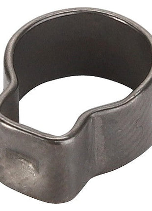The AGCO Ear Clamp - F916501030180 is a metal single-ear hose clamp with a rounded, slightly tapered design that delivers strong radial clamping force for securing hoses and ensuring an effective seal.