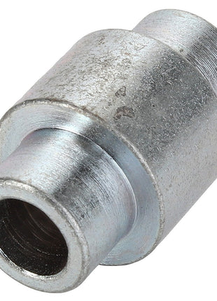 No current product description is available for the AGCO Spacer - Acp0293470, but here's a close-up of a metallic pipe fitting from AGCO. It has a cylindrical shape with threads on both ends for connection purposes. The fitting is silver in color and has a textured surface.