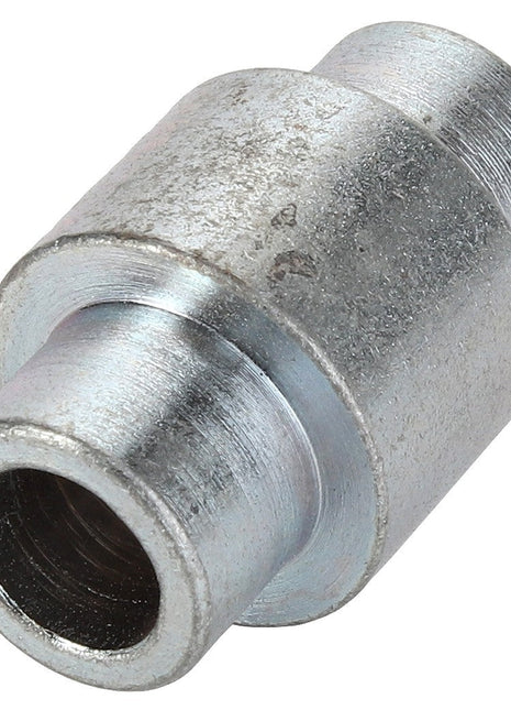 No current product description is available for the AGCO Spacer - Acp0293470, but here's a close-up of a metallic pipe fitting from AGCO. It has a cylindrical shape with threads on both ends for connection purposes. The fitting is silver in color and has a textured surface.