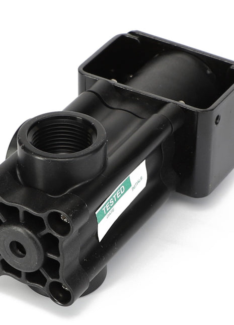 A close-up view of the AGCO | Control Valve - Ag052262, an industrial air pump in black, featuring a "TESTED" label. This AGCO control valve includes multiple mounting points and a threaded inlet. No current product description available.