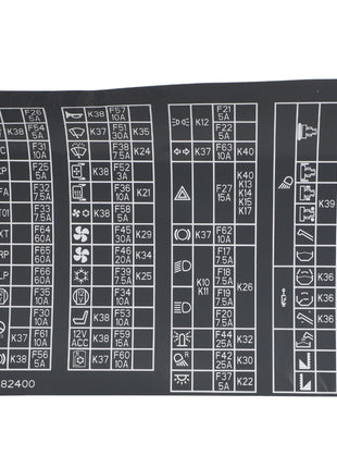 Image of the AGCO | Decal - Acw1482400, showcasing a fuse box diagram with labels and icons indicating various fuses and their corresponding functions in a vehicle. Currently, no further product description information is available.
