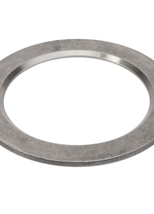 The AGCO | THRUST PLATE - V30400100, a flat, circular metal component with a significant central hole, is depicted from an angle, revealing its entire form and substantial thickness.