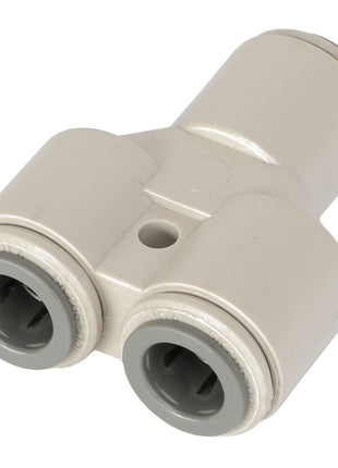 The AGCO | UNION - AG518764 by AGCO is a plastic pneumatic T-connector, designed to connect air hoses with two openings on one side and a single opening on the other.