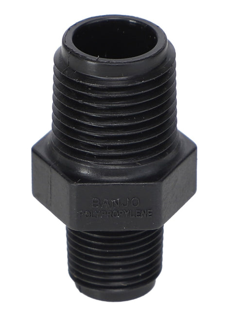 The AGCO | Reducer Fitting - Ag053081 has no current product description available, but it is a black polypropylene pipe fitting featuring threaded ends and a hexagonal middle section.