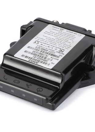 The black electronic device, identified as the AGCO Telemetry Module - ACZ000163A, features labeled components with various text inscriptions and barcodes on a white sticker. Its boxy shape includes connectors on its sides, perfectly suited for integration with AGCO Connect systems.