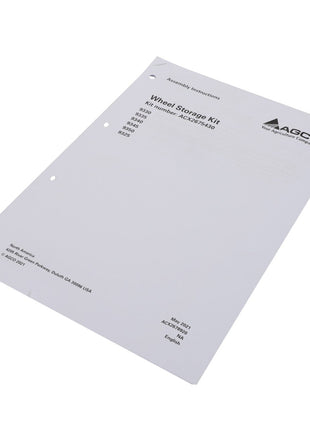 A white instruction manual titled "AGCO | Instructions - Acx2678920," produced by AGCO, for a wheel storage kit. It displays part numbers and assembly instructions and features three hole punches on the side. No current product description is available.