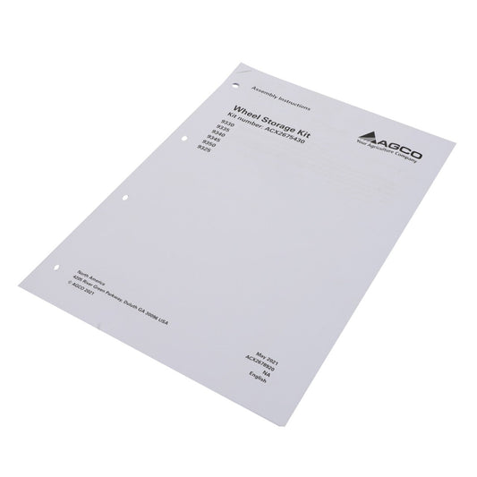 A white instruction manual titled "AGCO | Instructions - Acx2678920," produced by AGCO, for a wheel storage kit. It displays part numbers and assembly instructions and features three hole punches on the side. No current product description is available.