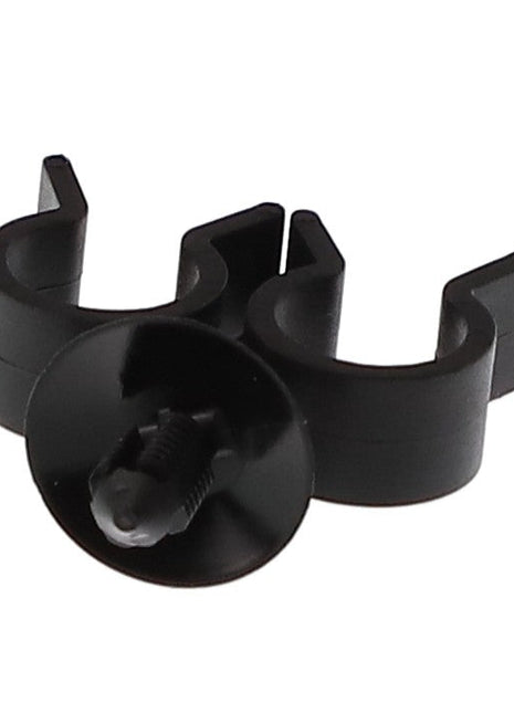 No current product description information is available for the AGCO | Clip - Acw2019960, a black plastic clip with two slots and a central screw for mounting.