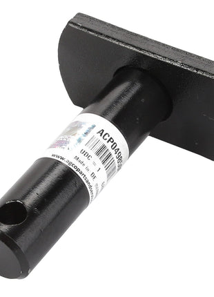 A black metal dowel with a flat rectangular top and a cylindrical bottom featuring a hole, labeled "AGCO Clevis Pin, Lift Arm - Acp0498500", commonly used in linkage components.