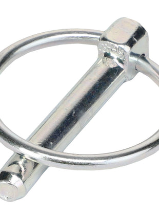 The AGCO PIN - AL5017002 is a metal quick-release pin featuring a circular ring for secure locking, commonly used to attach components in machinery or equipment.