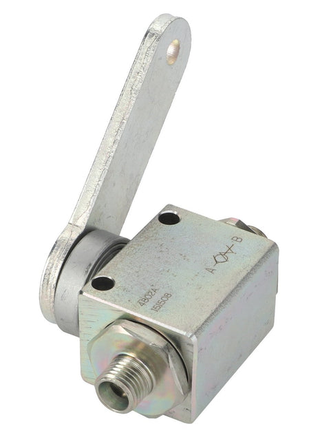 The AGCO | Cock - Fel151508, a metal industrial component from AGCO featuring a rectangular body and a protruding arm with a threaded connector and engraved symbols, is currently listed with No Current Product Description Available.