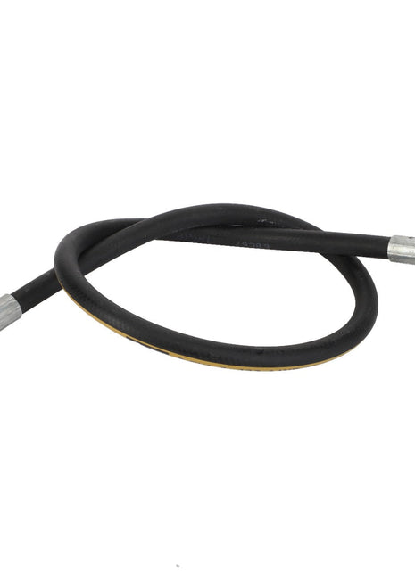 The AGCO HYDR. HOSE - D45130017, a coiled black rubber hose with metal connectors on both ends, currently has no product description information available.