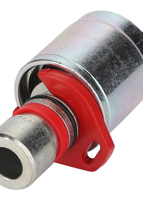 The AGCO KIT,HOSE FITTING - AL4500381 is a metal quick-release air hose connector with a red latch, perfect for front loader applications. It ensures easy and secure connections and disconnections using original AGCO parts.