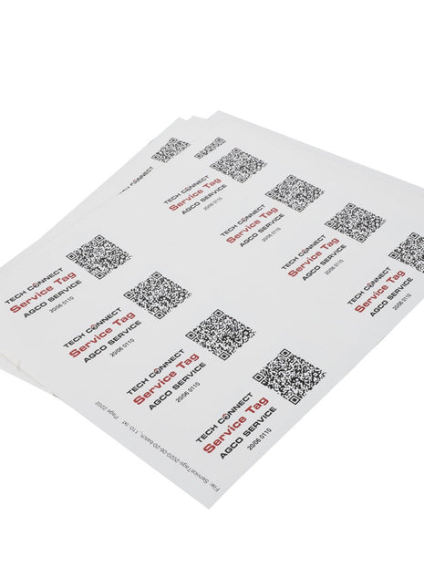 Four sheets of AGCO | Service Label Set - Acp0508770 asset tags with QR codes are arranged on a white background. No current product description available.
