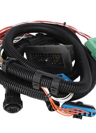 A coiled automotive wiring harness, marketed as AGCO | HARNESS - AG504298, featuring multiple connectors in black, green, and blue, with various colored wires bundled together.