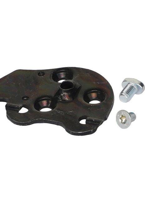 The AGCO | Plate - 3903620M1, a metal bracket featuring three holes and including three screws and one bolt, is ideal for use with Fendt Models and is isolated on a white background.