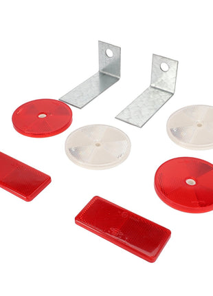 Image shows two metal L-brackets and six AGCO | Reflector - Fel150732 in various shapes and colors (four circular, two rectangular). The reflectors are red and white, ensuring enhanced safety.