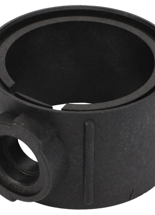 The AGCO Valve Body - Ag007489 is a black circular plastic component with a hollow center, featuring a side opening and a protruding threaded section.