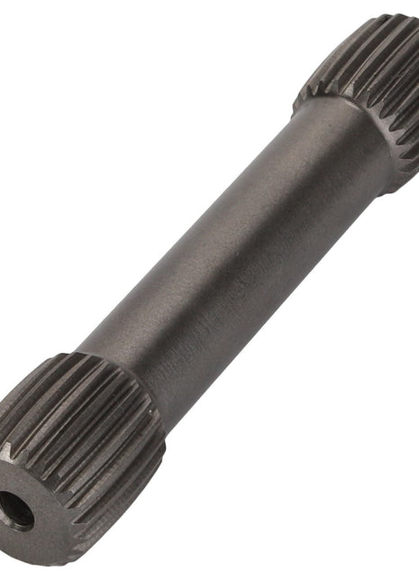 The AGCO | SHAFT - ATV0402-963, manufactured by AGCO, is a metal splined shaft with parallel splines at both ends and a cylindrical body featuring a small hole at one end. However, no additional details are provided in the description.