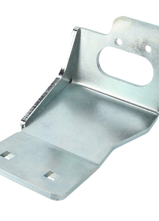 The AGCO BRACKET - AL60021160 is a galvanized metal mounting bracket with multiple bends and holes. It includes two square holes on the base and two circular holes near the top, providing versatile installation options.