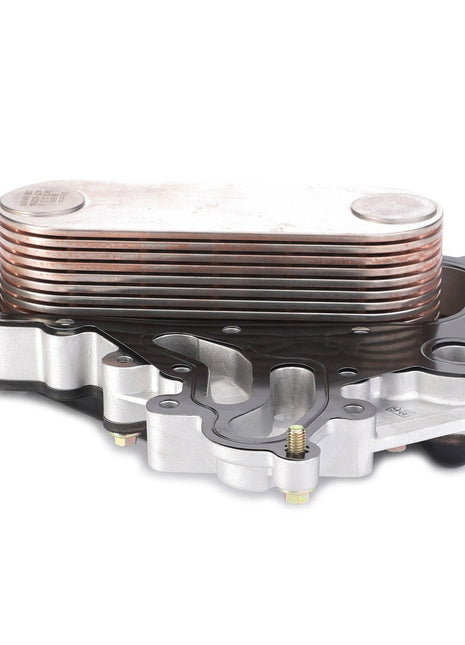 Product: AGCO | OIL COOLER - AG334209 by AGCO features a solid aluminum base with a stack of thin copper plates, secured by bolts. No current product description information is available.