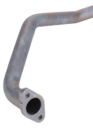 Introducing the AGCO Coolant Line - Acp0358530: A robust metallic, L-shaped exhaust pipe featuring mounting holes at the base and a sleek, slightly bent tube designed for optimal performance. This high-quality product is brought to you by AGCO.