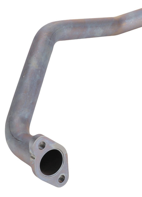 Introducing the AGCO Coolant Line - Acp0358530: A robust metallic, L-shaped exhaust pipe featuring mounting holes at the base and a sleek, slightly bent tube designed for optimal performance. This high-quality product is brought to you by AGCO.