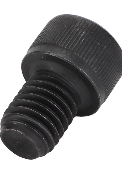 The AGCO | SCREW - D46150481, a meticulously engineered black metal screw bolt with a knurled cylindrical head and threaded body, is showcased against a white background, embodying the precision craftsmanship of our collection.