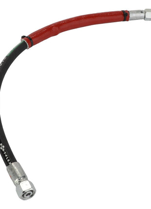 Introducing the AGCO Hose - Acp0668620: This flexible black hose features durable metal connectors at both ends, with one end uniquely angled. It also includes a red protective sleeve in the middle for added safety and durability. Brought to you by AGCO, a trusted brand for quality products.