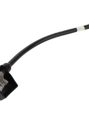 The AGCO | BATTERY CABLE - AG125765, a black flexible cable with a square connector at one end and a metal loop terminal at the other, currently has no product description information available.