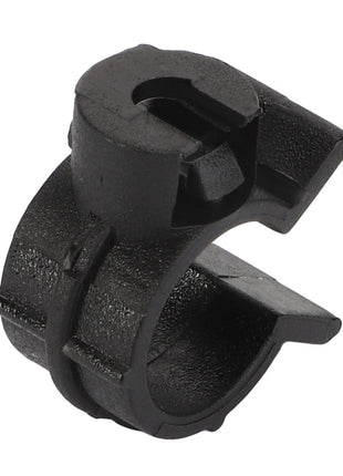 Introducing the AGCO | Clip - Acp0669780: A black, plastic cable clamp with a split, C-shaped design and a slot for securing cables. Crafted by AGCO for optimal utility.