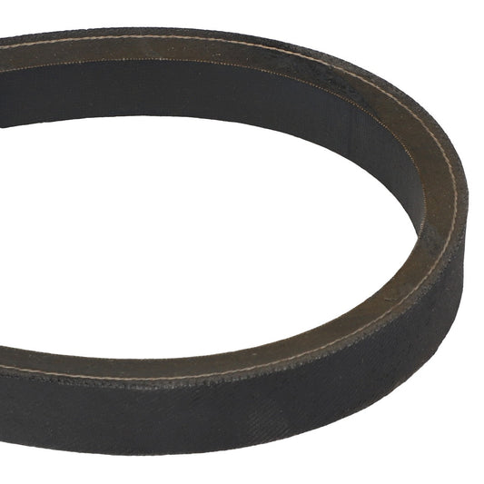 A close-up view of the sleek, black AGCO | BELT - KE964E, a circular rubber belt used in machinery.