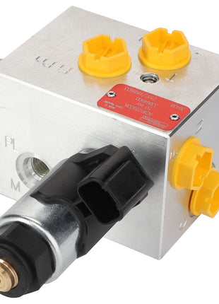 A metal hydraulic directional control valve branded AGCO, featuring yellow caps and a black connector. Product Name: AGCO | Valve - Acw125933A. No current product description information available.