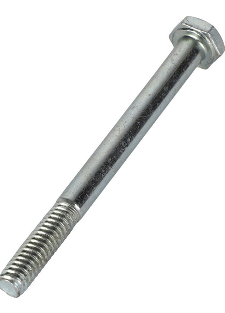 The AGCO | HEXAGONAL HEAD BOLT - ACP0084330 is displayed with partial threading and a shiny silver finish, featuring a standard hexagonal head. For any questions or ordering assistance, please contact our support team.
