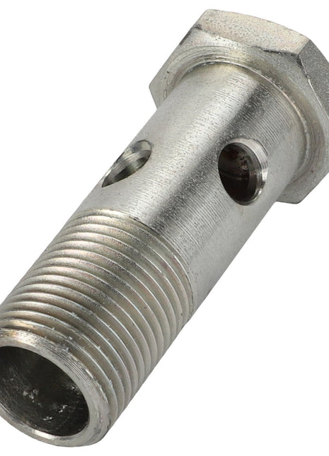 Close-up of the AGCO | Banjo Bolt - Acw0540940, featuring a metallic threaded body with two drilled holes and a hexagonal head. No current product description information is available.