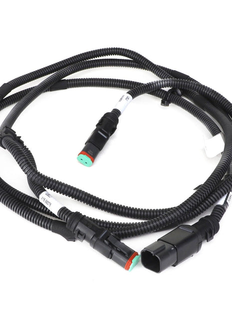 The AGCO Jumper - Acw9097820 is a coiled black automotive wiring harness that includes connectors at both ends, multiple protective sleeves, and distinct labels.