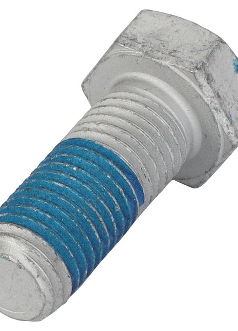 A close-up image of the AGCO HEXAGONAL HEAD BOLT - 0901-31-25-00 with a partially threaded blue section, showcasing its detailed craftsmanship. Please note, no current product description information is available.