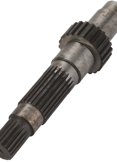 AGCO | SHAFT - D46100713 by AGCO is a metal gear shaft featuring two sets of gears, with visible wear on the surface. No current product description information is available.